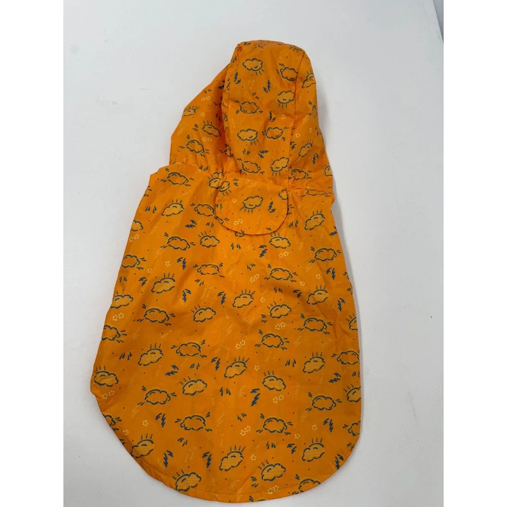 Fetch4Pets Orange Dog Raincoat w Clouds and‎ Lightning Print Hooded Pet Apparel